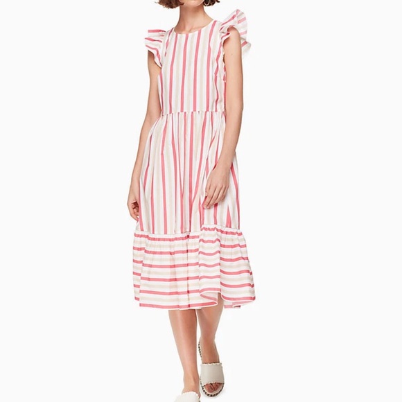 Kate Spade Pink Peach Sherbert Midi Dress Striped Tiered MSRP 328.00 - Picture 1 of 15
